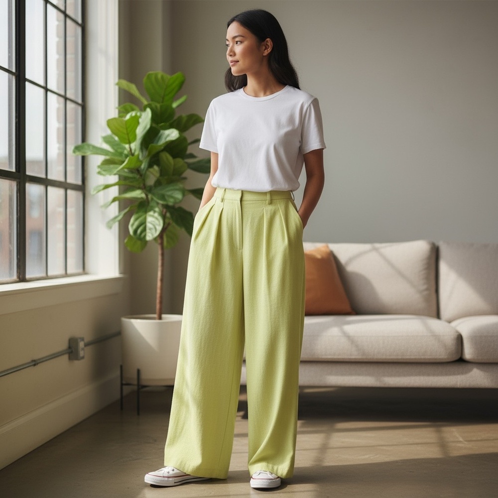 FORE Linen‎ Blend High Rise Slim Fit Pants Womens M Green Belt Loops Zip Closure